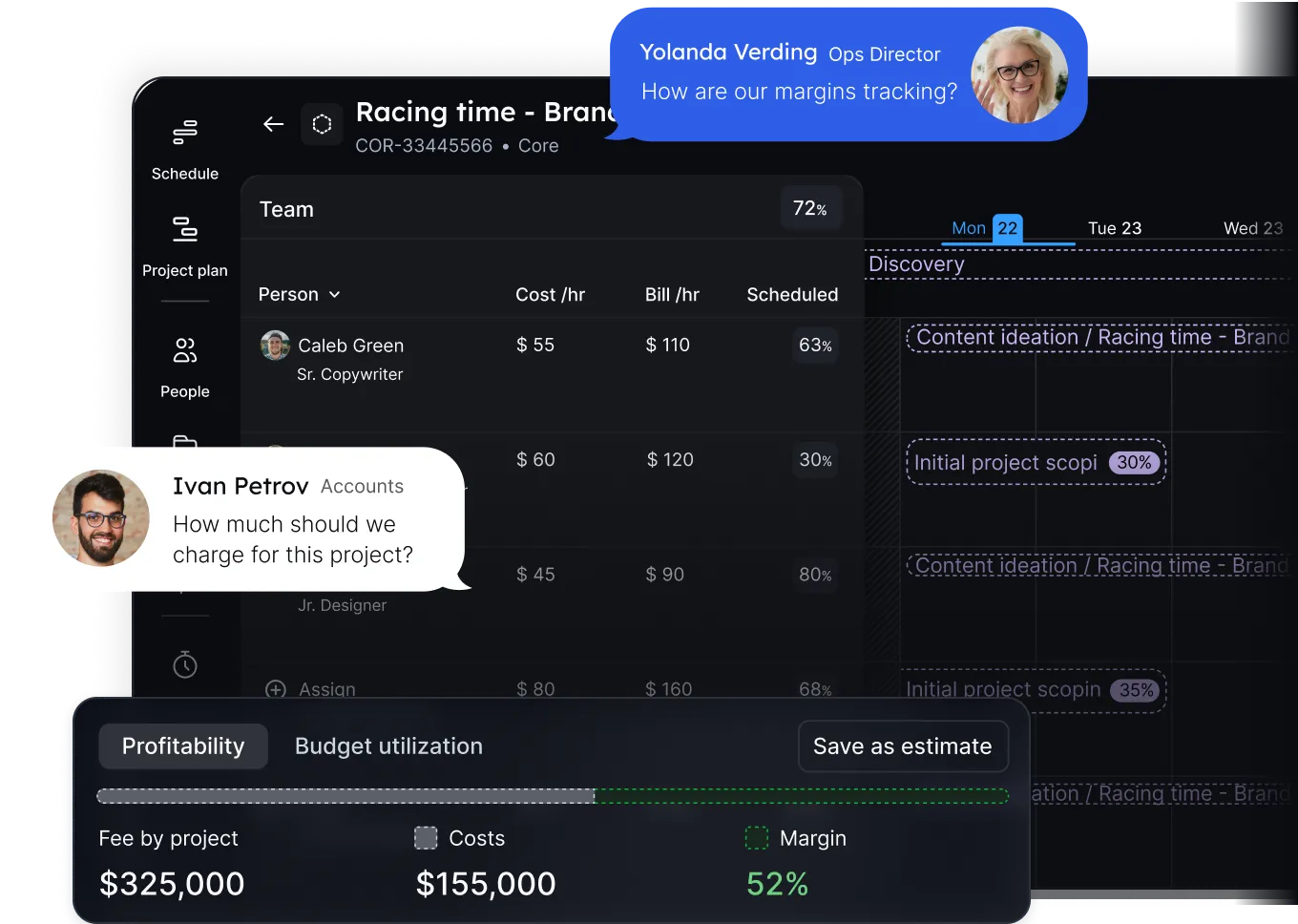 Float product dashboard showing a project that has a budget with estimates on their costs and margins based on their allocations + 2 talking bubles asking how the project is tracking